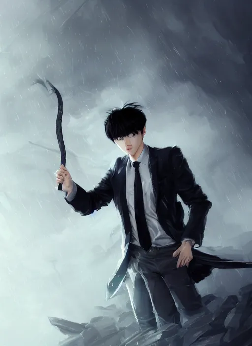 Image similar to a highly detailed illustration of attractive korean man with bowl cut black hair wearing shirt and tie with giant black claws, wielding giant black fog claws pose, tired expression, foggy black mist surrounding background, intricate, elegant, highly detailed, centered, digital painting, artstation, concept art, smooth, sharp focus, league of legends concept art, wlop.