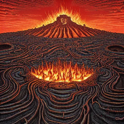 Prompt: Burning hellscape. Highly Detailed. Masterpiece. By Jeffrey Smith