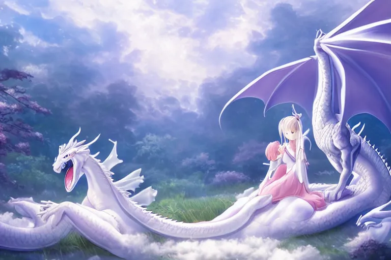 Image similar to a vast scene, panorama distant view, beautiful princess lie on the ground be surrounded snuggle by a huge silver white dragon, in the white clouds fairyland center, anime key visual of white dragon and girl, finely detailed perfect face delicate, distant lens, style of raphael lacoste, trending on pixiv fanbox, james jean, studio ghibli, xision