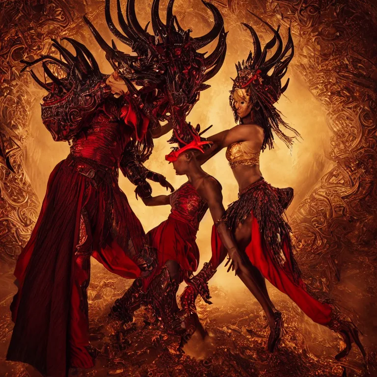 Prompt: black man and a female devil in red dress with horns are dancing together, in Dark souls and elden ring style, insanely detailed and intricate, golden ratio, hypermaximalist, elegant, ornate, luxury, elite, ominous, haunting, matte painting, cinematic, cgsociety, James jean, Brian froud, ross tran, Laputa, photorealism