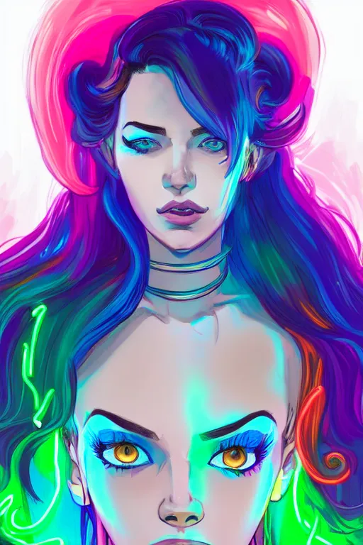 Image similar to a award winning portrait of a beautiful woman with stunning eyes in a one off shoulder crop top and cargo pants with rainbow colored hair, outlined by whirling illuminated neon lines and fine lines swirling in circles by greg tocchini, digital art, trending on artstation