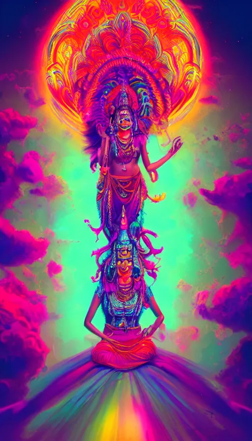 Image similar to a beautiful indian goddess engulfed in colorful liquid smoke and neon clouds, a colorful psychedelic experience, dmt, lsd, face, highly detailed, artstation, concept art, matte, sharp focus, illustration, digital art by hana yata, and artem demura and beeple, octane render, unreal engine, 8 k