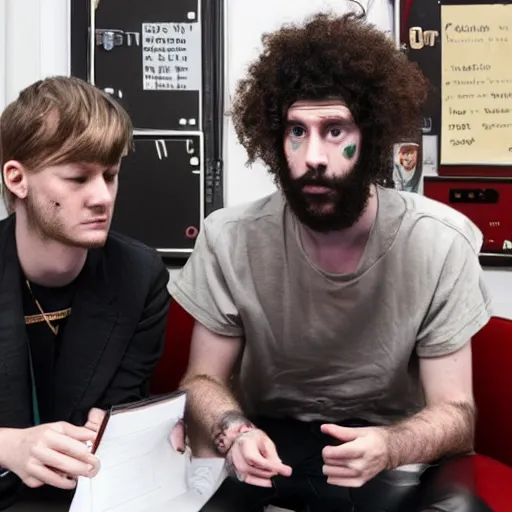 Image similar to geordie greep fro mthe band black midi having a business meeting with mario, hyperrealistic