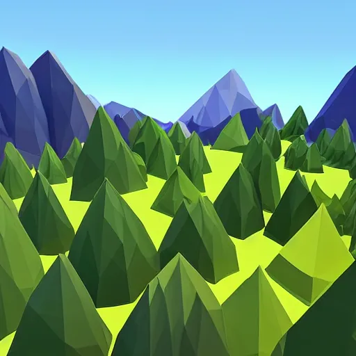 Prompt: a forest of 3d low poly trees with the mountains in the background, high quality, mobile game