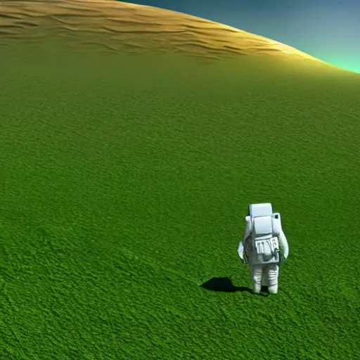 Prompt: a 3 d render of an astronaut walking in a green desert,