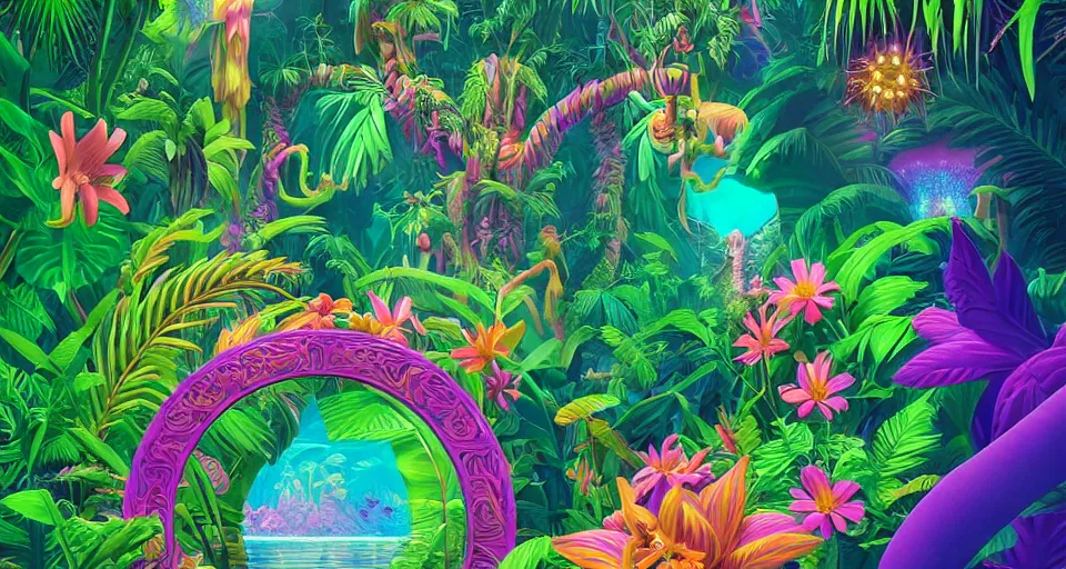 Prompt: psychedelic 3d vector art illustration of wild jungle with an interdimensional portal and exotic flowers by Lisa frank, Beeple and Tim Hildebrandt, hyper realism, Art deco , intricate, elegant, highly detailed, unreal engine, octane render, artstation, smooth, sharp focus, sharp contrast