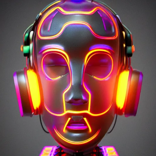 Image similar to a glossy claymodel of a atompunk aztec futurism robot head with glowing headphones, 8 k, symetrical, flourescent colors, halluzinogenic, multicolored, very detailed, black background, 3 d render,