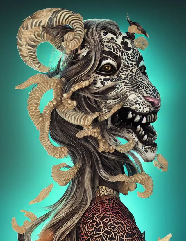 Image similar to 3 d goddess tiger skull half - turn portrait with long hair with ram skull. beautiful intricately detailed japanese crow kitsune mask and clasical japanese kimono. betta fish, jellyfish phoenix, bio luminescent, plasma, ice, water, wind, creature, artwork by tooth wu and wlop and beeple and greg rutkowski