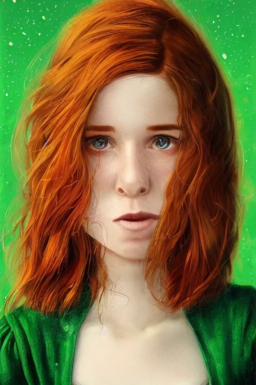 Image similar to ultra realistic style illustration of a beautiful cute red haired playful joyful teen girl in a green dress, long hair, face of young kate mara, sci - fi, intricate, elegant, digital painting, artstation, concept art, smooth, sharp focus, illustration, 8 k frostbite 3 engine, ultra detailed, art by artgerm and greg rutkowski and magali villeneuve