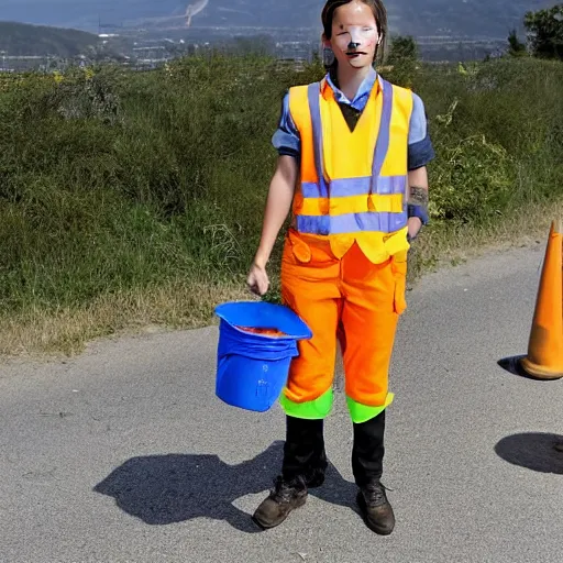 Image similar to emma watson in a hi vis vest picking up trash on the side of the road. midday sun,