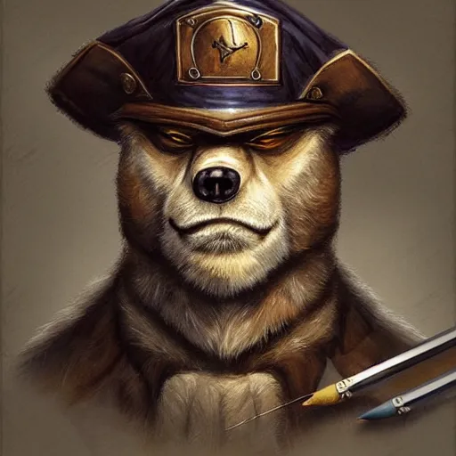 Image similar to dashing charming grinning charismatic bear beast-man rogue, wearing captain's tricorne hat, naval background, amazing, lifelike award winning pencil illustration trending on art station artgerm Greg rutkowski cinematic