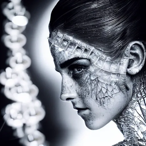 Prompt: beatifull closeup of face shoulders of biomechanical emma watson fire crystal sculpture, fractal, intricate, elegant, highly detailed, ornate, elegant, luxury, beautifully lit, ray trace grinning vogue fashion shoot by peter lindbergh fashion poses detailed, saturated tokyo neon lighting, blade runner, golden hour, professional photograph by peter gric styling