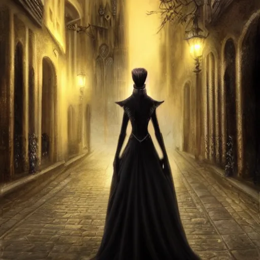 Prompt: an elegant woman stands in a quiet street in an old gothic city, high resolution, highly detailed, dark fantasy, night, by anne stokes