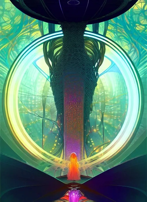 Image similar to high zoom, inside fractals!! calm, healing, resting, life, hybrids, scifi, glowing lights!!, published concept art, mixed medias, image overlays, sharp focus, thin glowing wires, top best illustration, art by greg rutkowski and alphonse mucha, singularity!!!, 3 6 0 capture