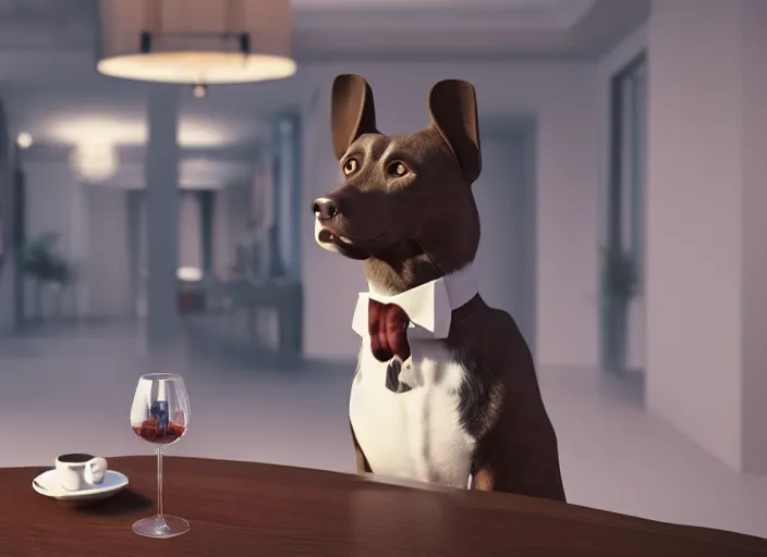 Image similar to a portait picture of a dog wearing a formal suit near a table with a cup of wine, concept art, octane render, unreal engine 5, 4K, symmetrical, low contrast, serene landscape, calm, relaxing, high quality, highly detailed, high coherence, path tracing, natural light, trending on DeviantArt