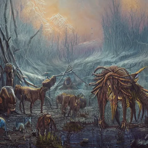 Prompt: a painting of many different types of animals, a detailed painting by yerkaland, cgsociety, neo - primitivism, apocalypse landscape, apocalypse art, dystopian art