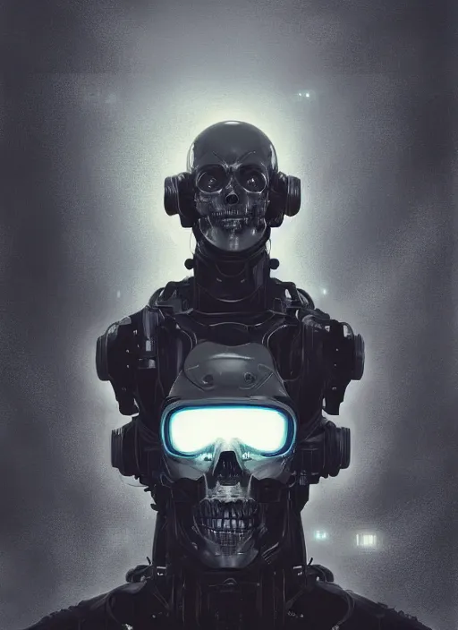 Prompt: metal skull half covered face with cybernetic enhancements as seen from a distance, scifi character portrait by greg rutkowski, esuthio, craig mullins, 1 / 4 headshot, cinematic lighting, dystopian scifi gear, gloomy, profile picture, mechanical, half robot, implants, solarpunk