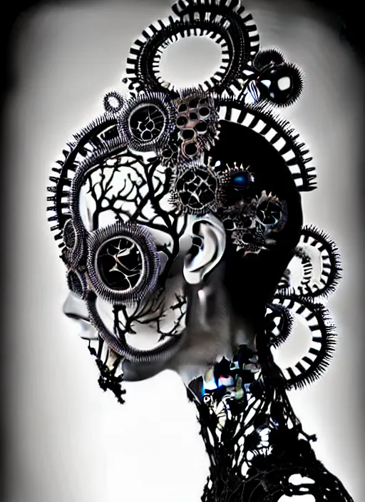 Image similar to surreal black and white photo portrait of complex bio-mechanical beautiful young female vegetal-cyborg with a Mandelbrot fractal steampunk metal fine lace face, a very long neck and a fine metal floral foliage super big lace collar by Alexander McQueen:: high fashion, haute couture, rococo, steampunk, silver filigree details, anatomical, facial muscles, cable wires, microchip, elegant, dreamy, foggy, hyper realistic, 150 mm lens, soft rim light, octane render, unreal engine, picture was taken in 1910 by Dora Maar, volumetric lighting, dramatic light,8k,