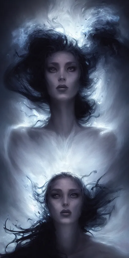 Prompt: digital painting of a magical woman covered in black smoke from heaven, notan sun, abstract, surreal, painted by michael whelan, artgerm, greg rutkowski and luis royo