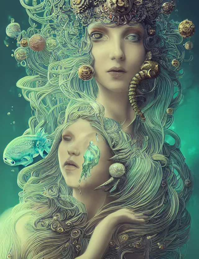 Image similar to goddess macro vintage shouler portrait from bottom to top in crown made of ram skull. betta fish, jellyfish phoenix, bioluminiscent, plasma, ice, water, wind, creature, super intricate ornaments artwork by tooth wu and wlop and beeple and greg rutkowski and alexander fedosav