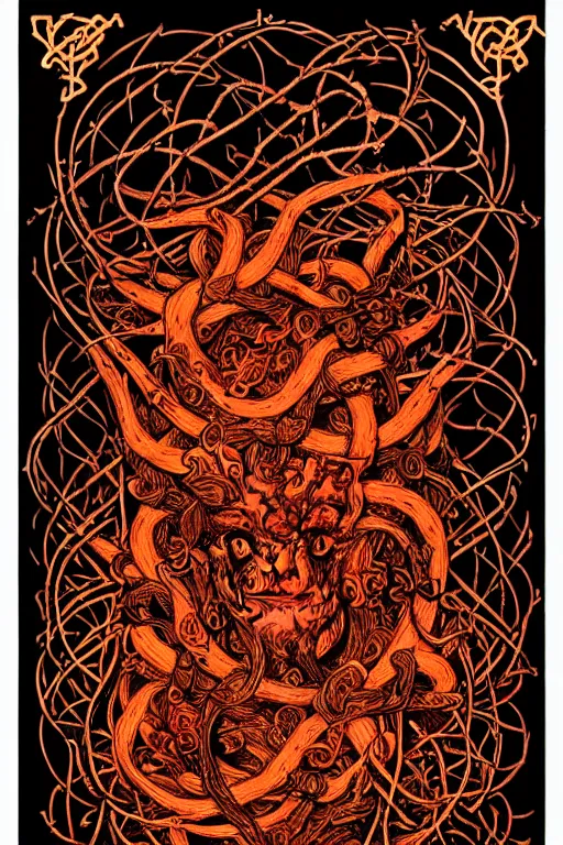 Image similar to photograph of the devil wrapped in vines + black paper + elements + red + gold + neon + baroque + rococo + white + orange+ ink + tarot card with ornate border frame + marc Simonetti, paul pope, peter mohrbacher, detailed, intricate ink illustration, global illumination, 8k resolution, satanic, dripping colors, occult symbols hidden, RPG portrait, dynamic lighting