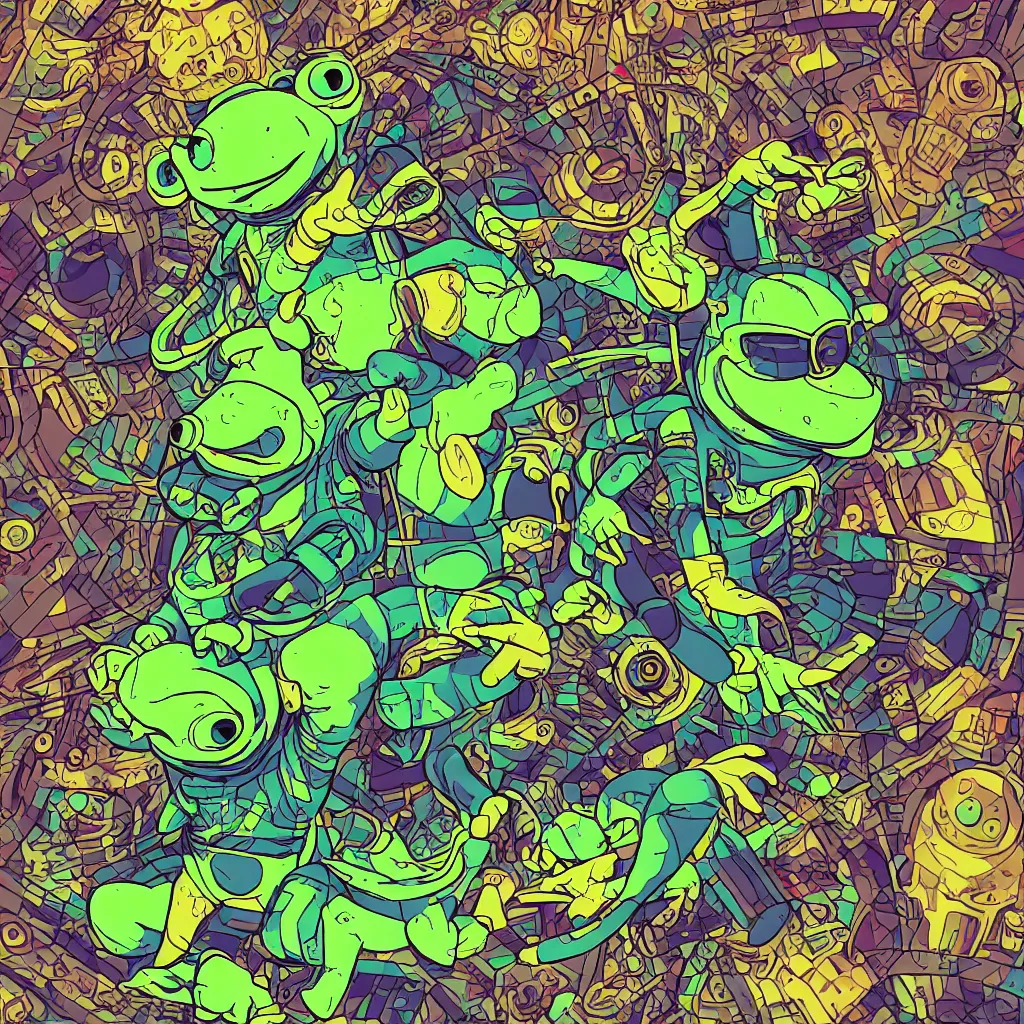 Image similar to toad head, ryuta ueda artwork, breakcore, style of jet set radio, y 2 k, gloom, space, cel - shaded art style, frogs, amphibians, sacred geometry, data, minimal, code, cybernetic, dark, eerie, cyber