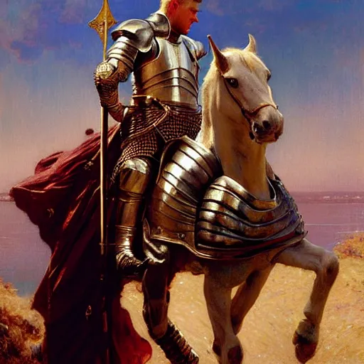 Image similar to attractive arthur pendragon and his attractive male knight, in camelot. highly detailed painting by gaston bussiere, j. c. leyendecker, greg rutkowski, craig mullins 8 k