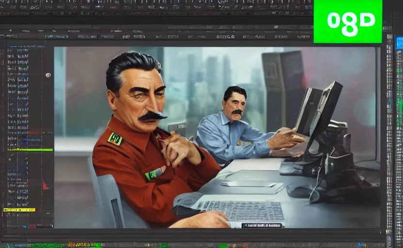 Prompt: angry realistic josef stalin trading forex in front of computer trading bitcoin, 8 k, hyper detailed, 2 0 k, realistic, product lighting, by onesal, by sixnfive, behance 3 d, studio photography dslr, photoreal epic composition