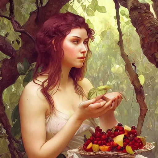 Prompt: eve eating fruit from the tree of knowedge of good and evil in the gardnen of eden, highly detailed, digital painting, artstation, concept art, smooth, sharp focus, illustration, artstation, art by artgerm, greg rutkowski, alphonse mucha, ilya repin and charlie bowater