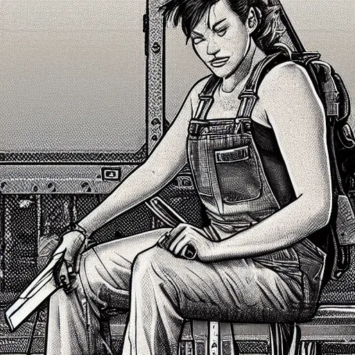 Prompt: “illustration of a tough looking woman sitting in a junkyard. Overalls and tools . Science fiction. Art by Mœbius. Character portrait. Character design. Concept art. Detailed face.”