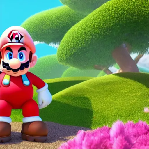 Prompt: a wholesome animation key shot of mario on a hill, fluffy pink anime clouds, studio ghibli, pixar animation, sharp, rendered in unreal engine 5, anime key art, bloom, dramatic lighting