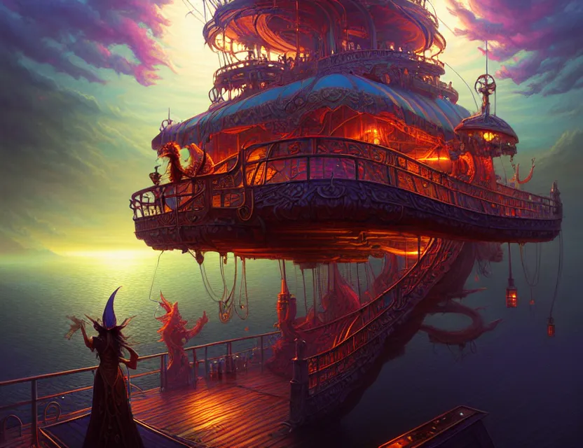 Image similar to standing upon the deck of the flying magical ship, d & d fantasy art, artstation contest winner, beautiful digital painting in the style of dan mumford, art by kev chan, volumetric lighting, intricate details, concept art, ultrarealistic, fantasypunk, deep colors, cgsociety, by art germ, by gerald brom, by peter mohrbacher