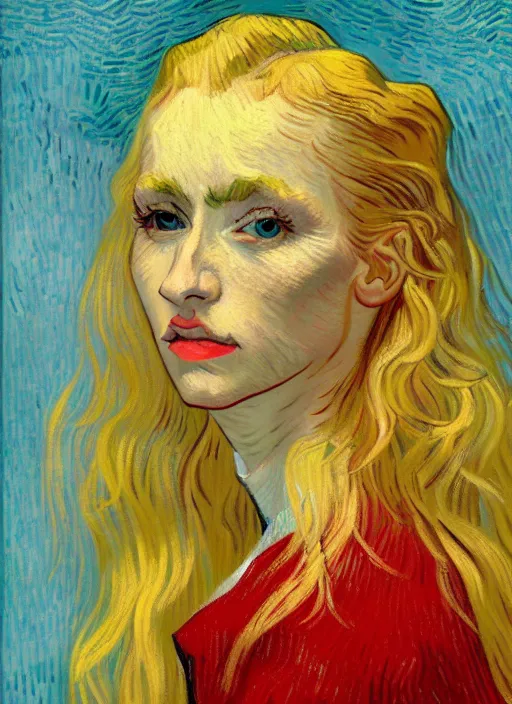 Image similar to portrait of a woman with long blonde hair, detailed beautiful face in painting, detailed beautiful portrait, expressionist oil painting masterpiece, 8 k resolution, smooth, sharp focus, pastel color palette, trending on artstation, by van gogh