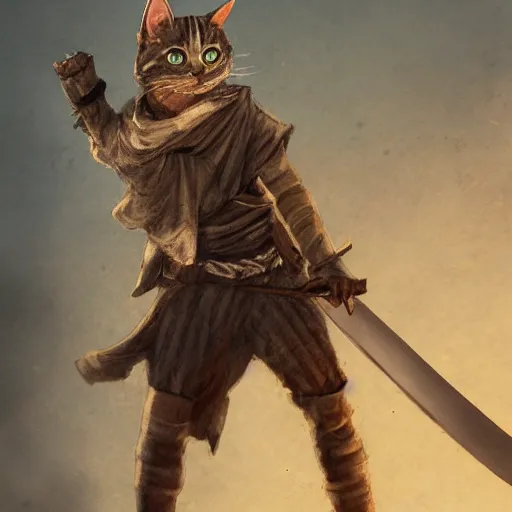 Image similar to a high detail shot of a dirty, homeless cat wielding a sword, realism, 8 k, fantasy, d & d, concept art