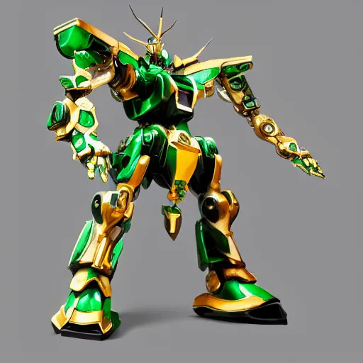 Image similar to futuristic jade mecha, jade gundam, carved jade mechanical exoskeleton wearing hardsurface armour, inlaid with gold, jade rococo, wings lace wear, sculpted by spider zero, zaha hadid, trending on artstation, beautifully lit, hyper detailed, insane details, intricate