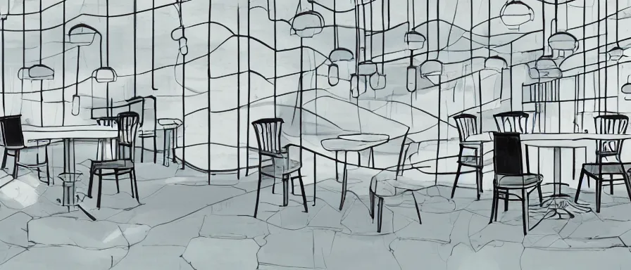 Image similar to a beautiful simple interior 4 k hd wallpaper illustration of small roasted string hotpot restaurant restaurant yan'an, animation illustrative style, from china, wallpaper of tower and mountains, rectangle white porcelain table, black chair, fine simple delicate structure, simple style structure decoration design, victo ngai, james jean, 4 k hd