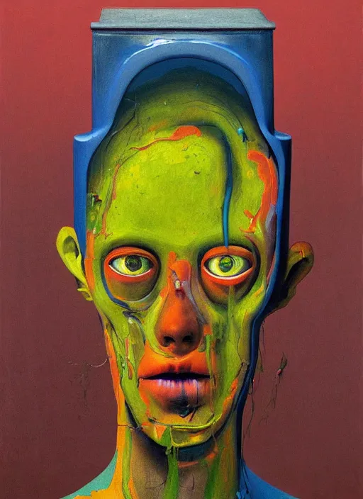 Prompt: an empty room in the style of constructivism, exhibition of paintings, trash bag on head, blurred, grotesque, doomed, neural acrylic paint, high resolution, gouache on canvas, ultra detailed, vibrant colors, grotesque, wrapped thermal background, slimey, high resolution, unreal 6, art by francis bacon, beksinski painting