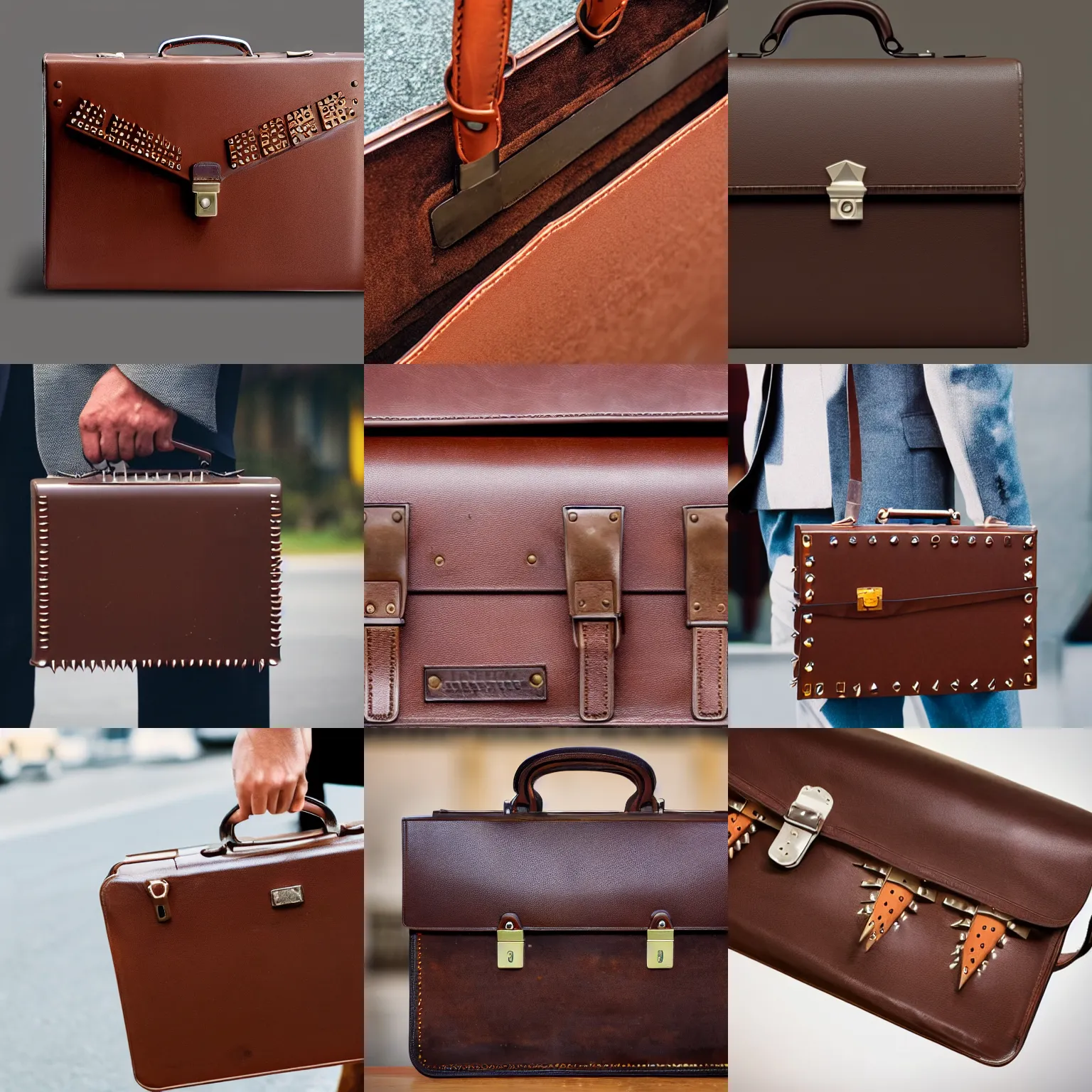 Prompt: a brown briefcase with spikes coming out of it