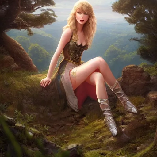 Image similar to alluring illustration taylor swift, sitting on the edge of a cliff overlooking a forested valley, clothed in a chesty fantasy outfit, 8k resolution matte fantasy painting, cinematic lighting, DeviantArt, Artstation, Jason Felix Steve Argyle Tyler Jacobson Peter Mohrbacher