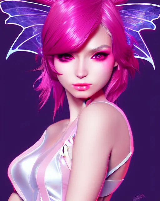 Image similar to 3 / 4 view of a woman with fairy wings, confident pose, pixie character, video game genshin impact, synthwave style, elegant, sharp focus, illustration, highly detailed, artgerm, anime, trending on artstation
