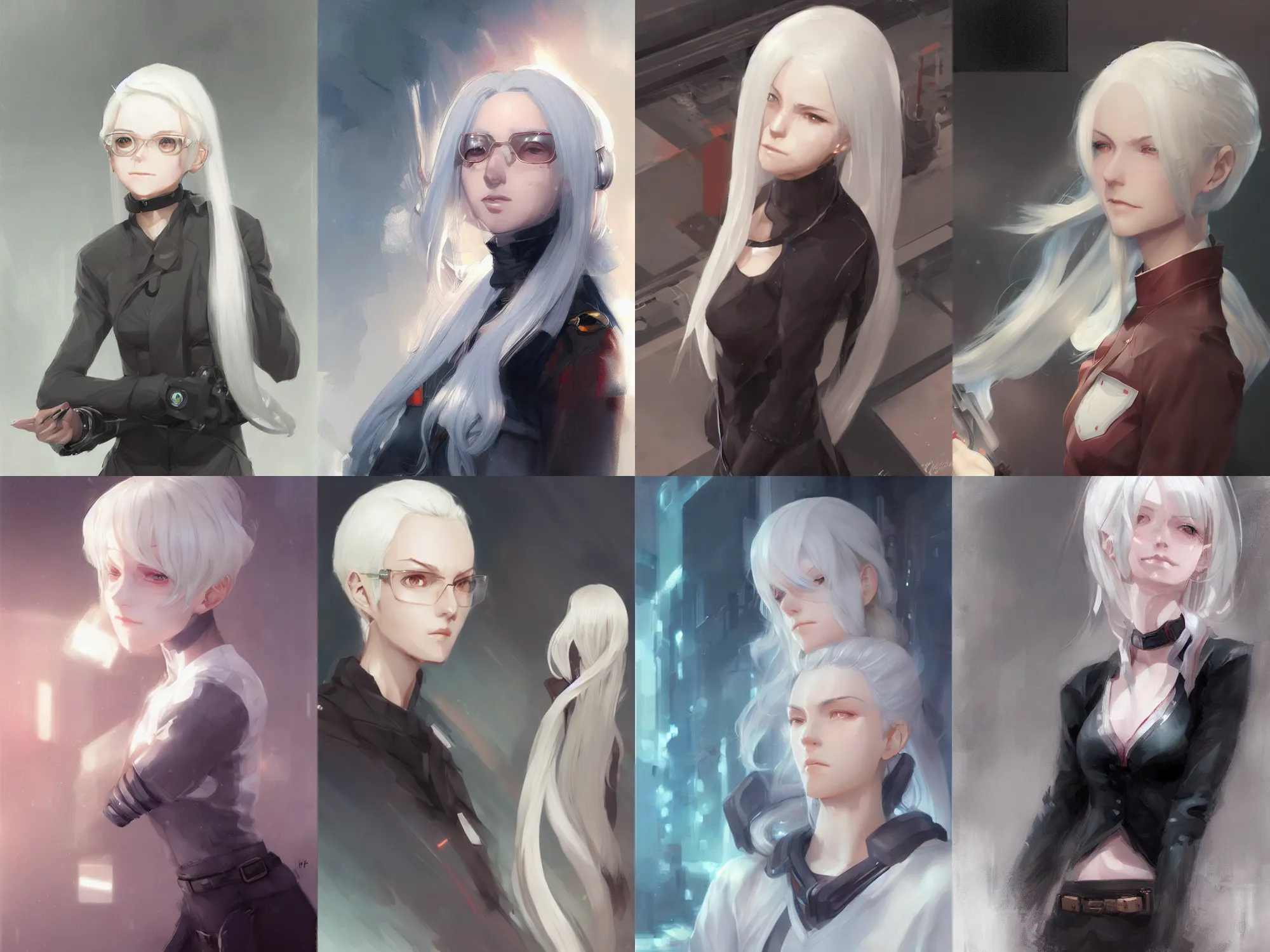 Prompt: a portrait of a android scientist girl with white hair by krenz cushart