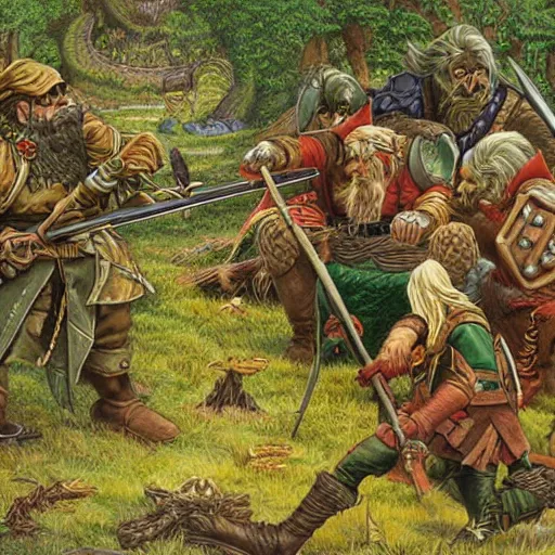 Prompt: Elves accidentally sniping dwarves and apologizing, fantasy, highly detailed, by larry elmore