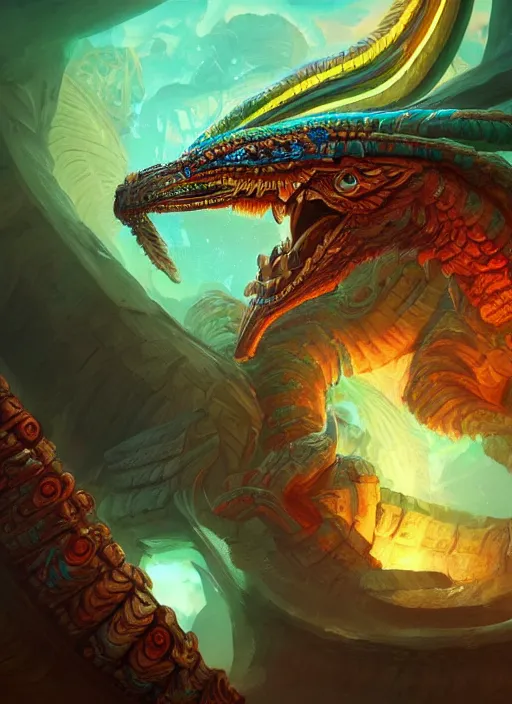 Image similar to a highly detailed illustration of mayan quetzalcoatl, glowing eyes, ancient mayan background, feathers, intricate, epic, highly detailed, centered, digital painting, artstation, concept art, smooth, sharp focus, league of legends concept art, wlop