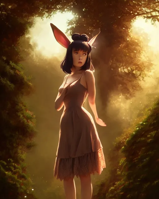 Prompt: photo of eevee pokemon humanisation, in lace brown dress, film still, dslr, by greg rutkowski, gil elvgren, ross tran, artgerm, wlop, glossy skin, pearlescent, very coherent