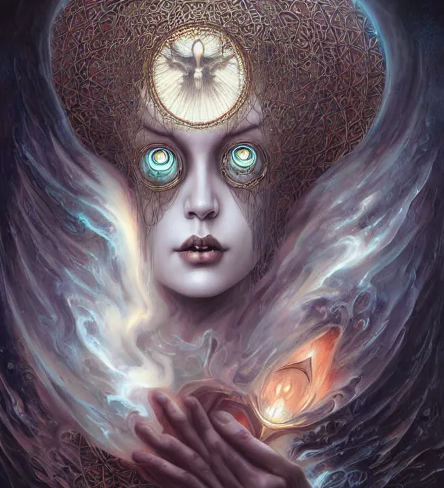 Prompt: ghostly goddess, undead, portrait, tarot card, digital art by artgerm and karol bak