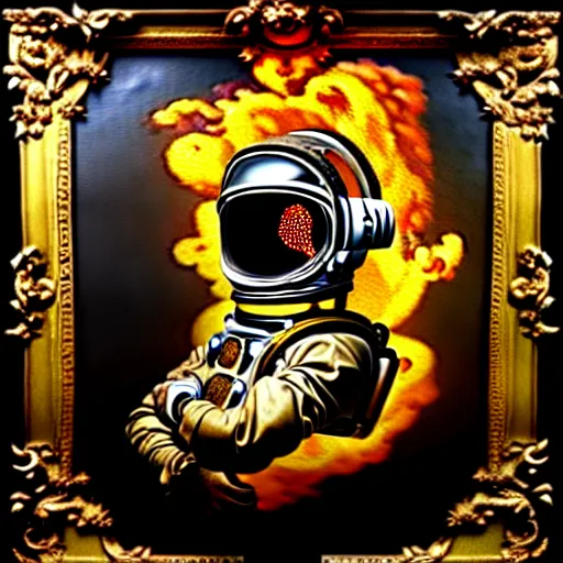 Prompt: an extreme detailed baroque rococo painting with detailed textures of a headless astronaut with quantum fire pouring from his visor, disturbing cybergothic high image quality