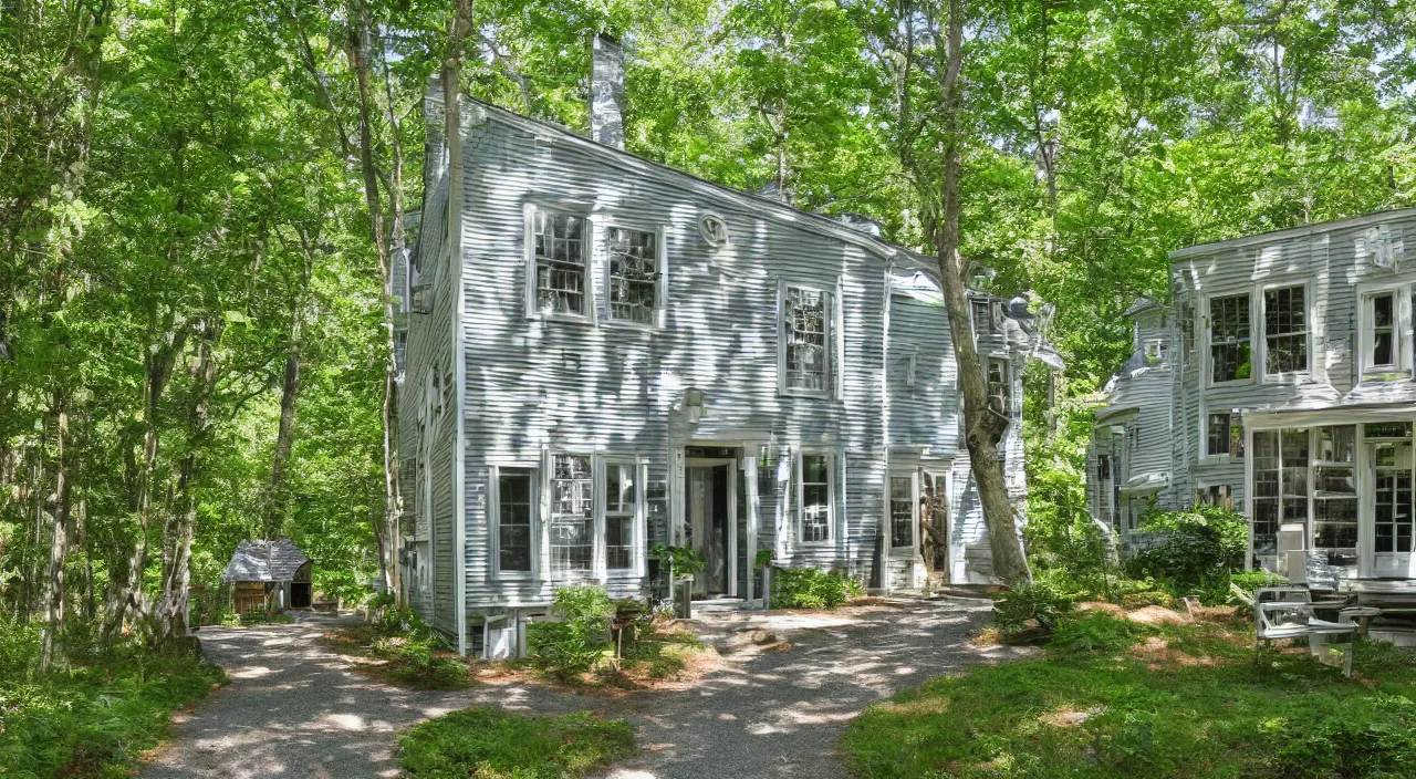 Prompt: A quaint townhouse in the wild and lush cape cod woods in the middle of the summer on a memorable day.