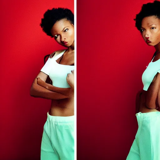 Image similar to realistic! photoshoot for a new nike lookbook, color film photography, portrait of a beautiful woman, red frontal light, in style of tyler mitchell, 35mm