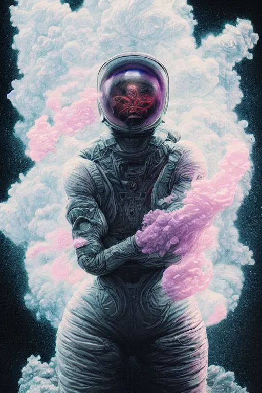 Image similar to close up shot of a full body floating woman in space suit smoke elemental fading into white smoke, high contrast, james gurney, peter mohrbacher, mike mignola, black paper, mandelbulb fractal, trending on artstation, exquisite detail perfect, large brush strokes, bold blacks and pinks and blues tones, intricate ink illustration, black background