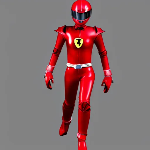 Image similar to Tokusatsu character based on Ferrari, red mechanical skinny body, chest plate with Ferrari logo, stylized motorcycle helmet, full body, unreal engine, 3D model